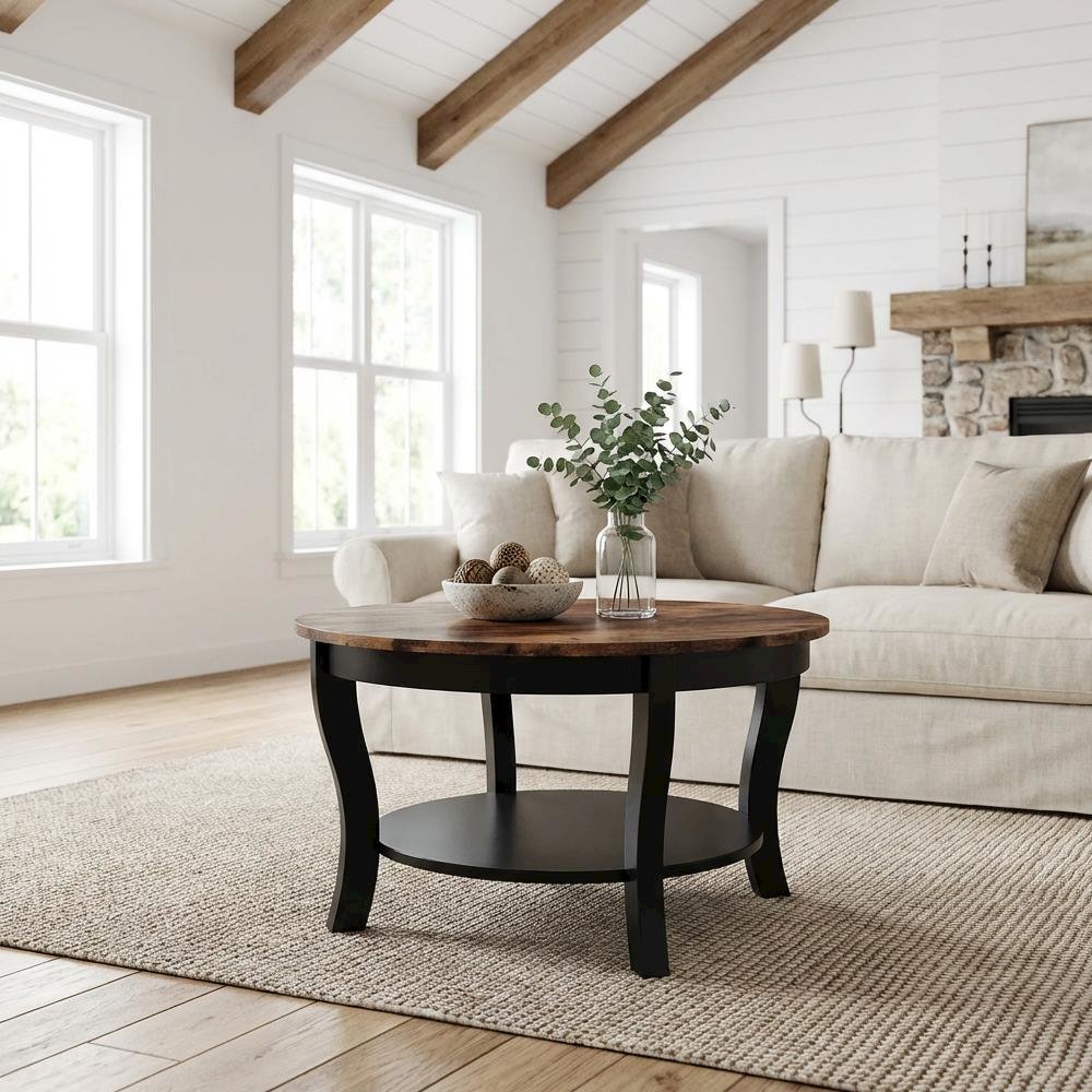 Multi-Color Round Coffee Table with Single Shelf and Rubberwood Legs