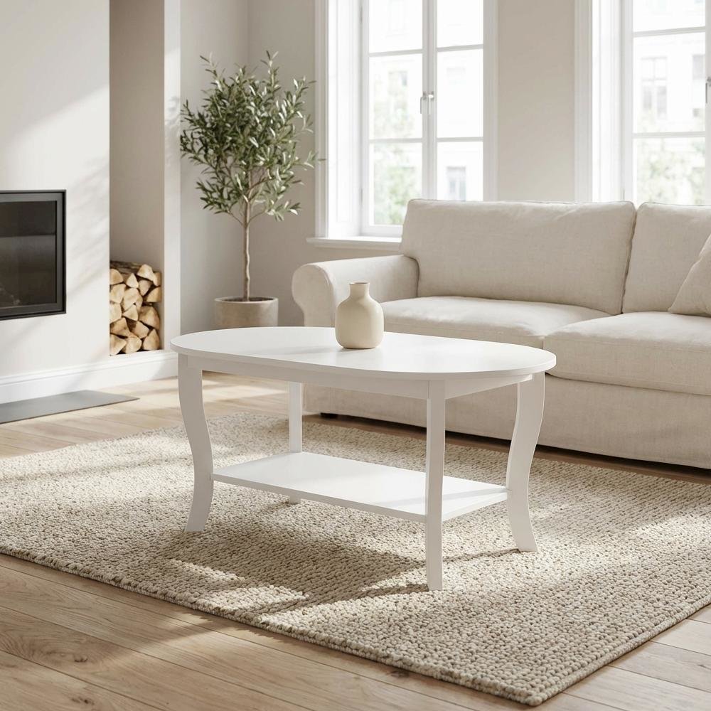 Oval Coffee Table Classic Style Single Piece with Lower Shelf and Durable Build