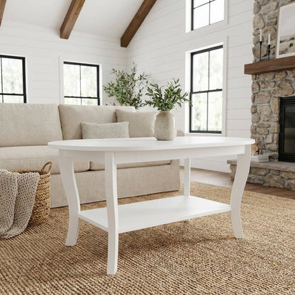 Oval Coffee Table Classic Style Single Piece with Lower Shelf and Durable Build