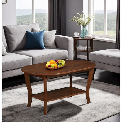 Brown Oval Coffee Table with Lower Shelf for Storage and Stylish Display