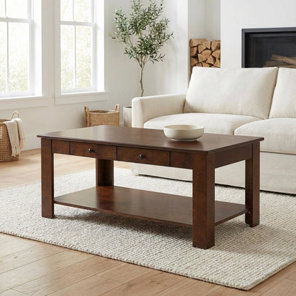 Brown 2 Drawer Coffee Table with Shelf Espresso MDF Top and Metal Knobs