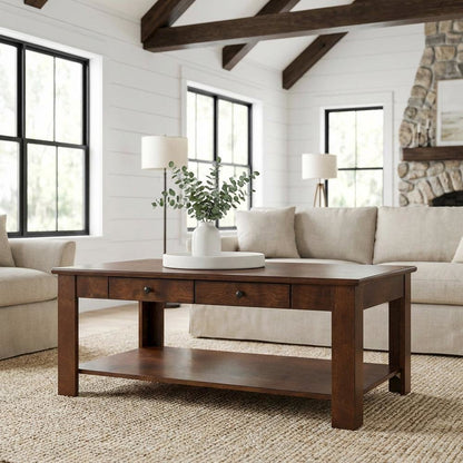 Brown 2 Drawer Coffee Table with Shelf Espresso MDF Top and Metal Knobs