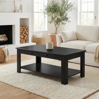 Black 2-Drawer Coffee Table with Shelf and Metal Knobs, MDF Construction