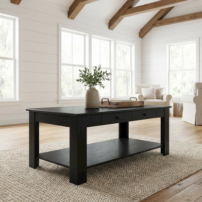 Black 2-Drawer Coffee Table with Shelf and Metal Knobs, MDF Construction