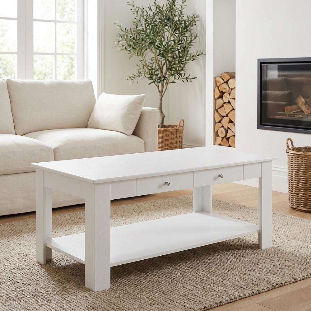 White Coffee Table with 2 Drawers and Shelf MDF Top Brushed Nickel Knobs