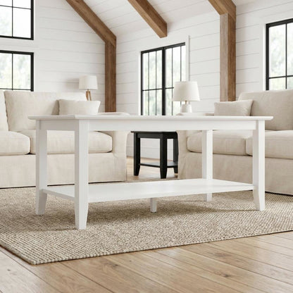 White Rectangle Coffee Table with Shelf MDF Top Rubberwood Legs Durable Design