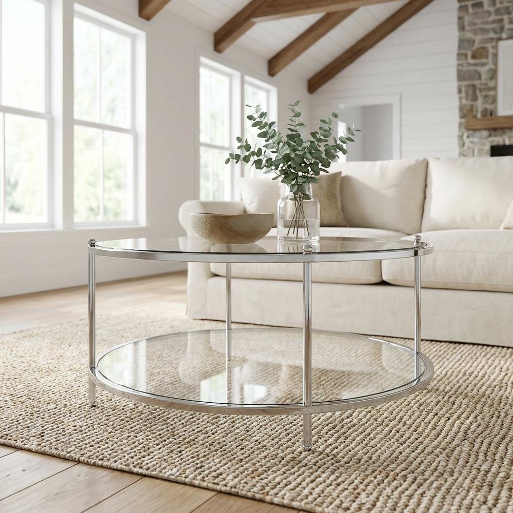 Clear Glass Coffee Table with Chrome Frame and Tempered Glass Surface