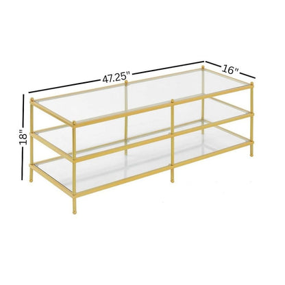 3-Tier Coffee Table Rectangular Shape, Clear Glass, Gold Frame, Metal Furniture