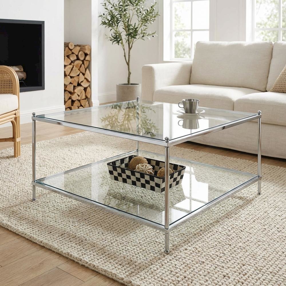 Clear Glass Chrome Frame Coffee Table with Tempered Glass, Contemporary Design
