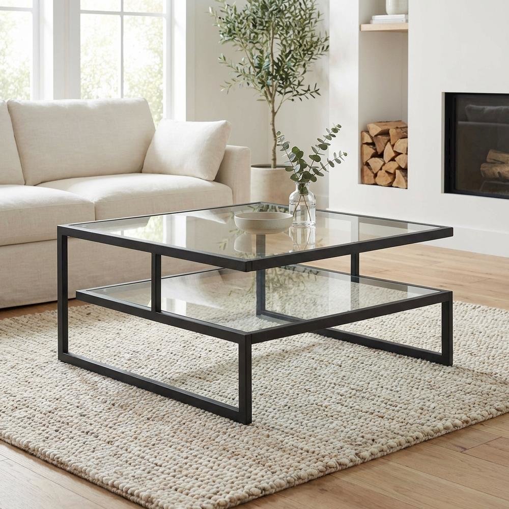 Glass Coffee Table, Charcoal Gray Frame Tempered Glass Top Contemporary Design