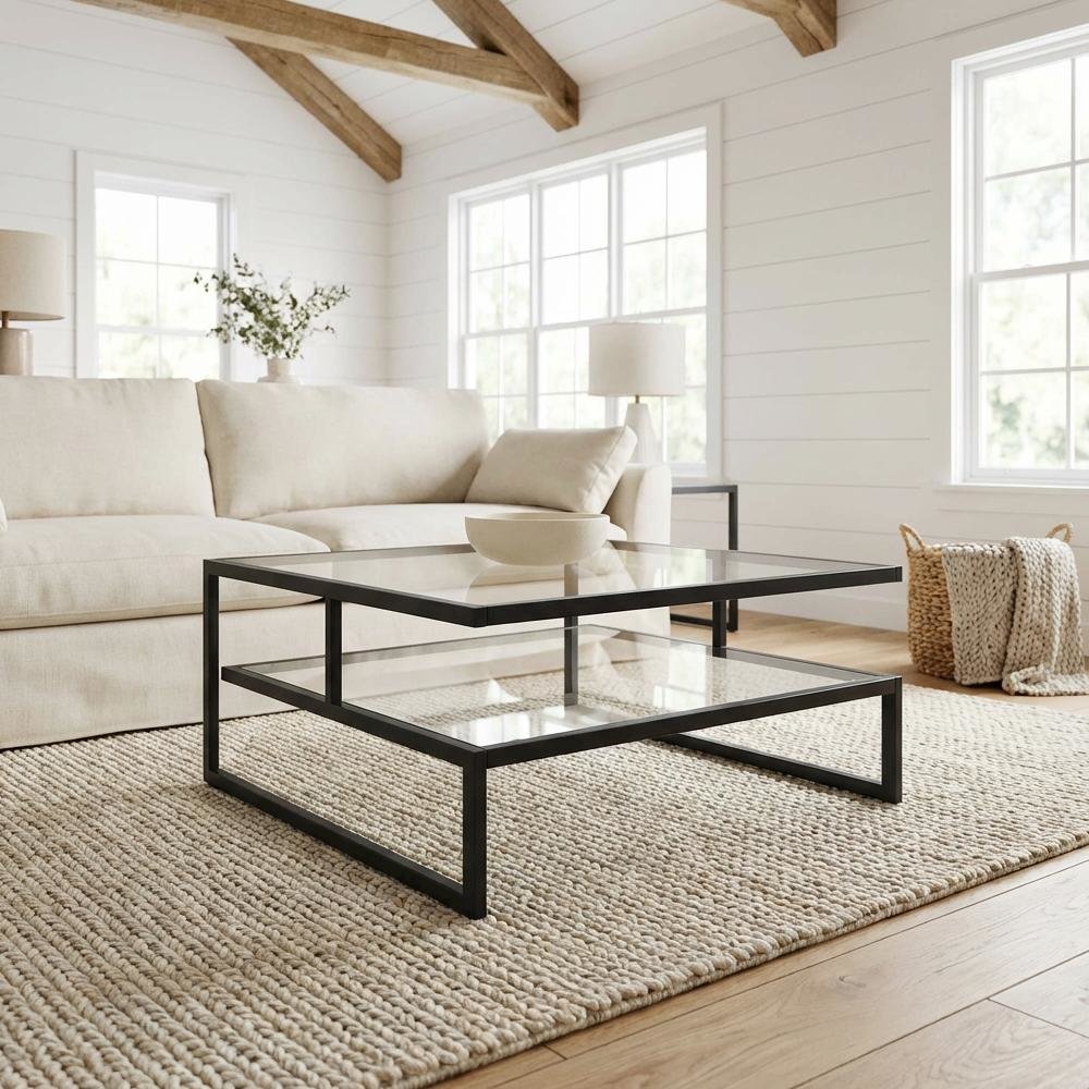 Glass Coffee Table, Charcoal Gray Frame Tempered Glass Top Contemporary Design