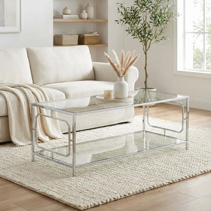Clear Glass Coffee Table with Chrome Frame and Tempered Glass Surface