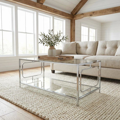 Clear Glass Coffee Table with Chrome Frame and Tempered Glass Surface