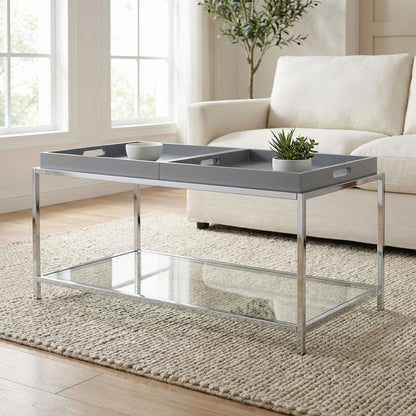 Gray Coffee Table with Chrome Frame and Open Shelf for Living Room