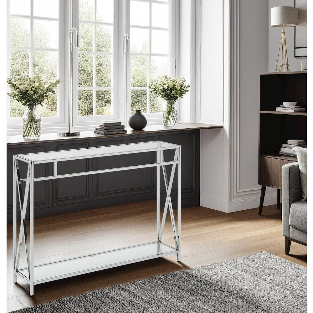 Clear Glass Console Table with Chrome Metal Tube Frame