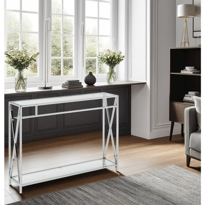 Clear Glass Console Table with Chrome Metal Tube Frame