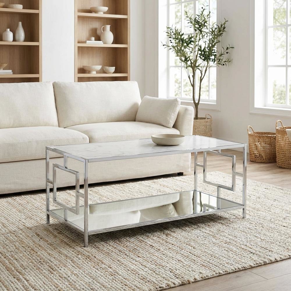 Chrome Glam Coffee Table with Shelf and Stylish Support Surface 40 lb Weight