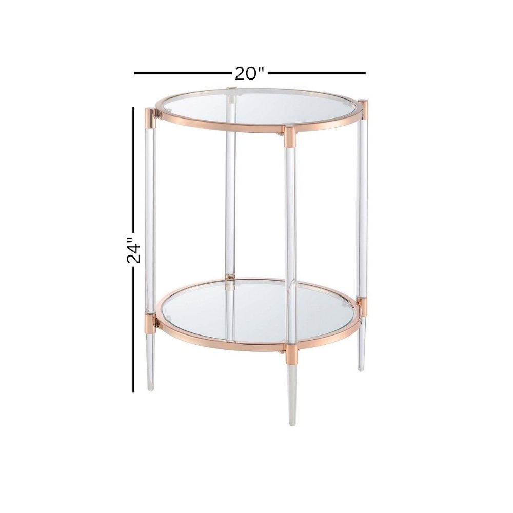End Table with 2 Glass Tiers, Acrylic Legs, Contemporary Style in Rose Gold