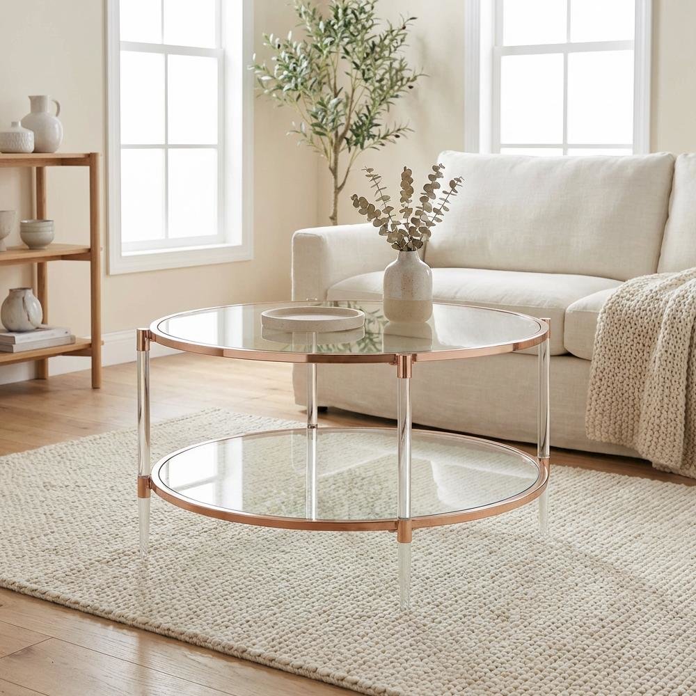 Rose Gold Acrylic Coffee Table with Clear Tempered Glass and Two Tiers
