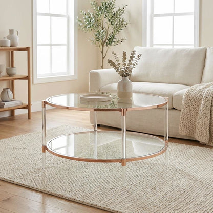 Rose Gold Acrylic Coffee Table with Clear Tempered Glass and Two Tiers
