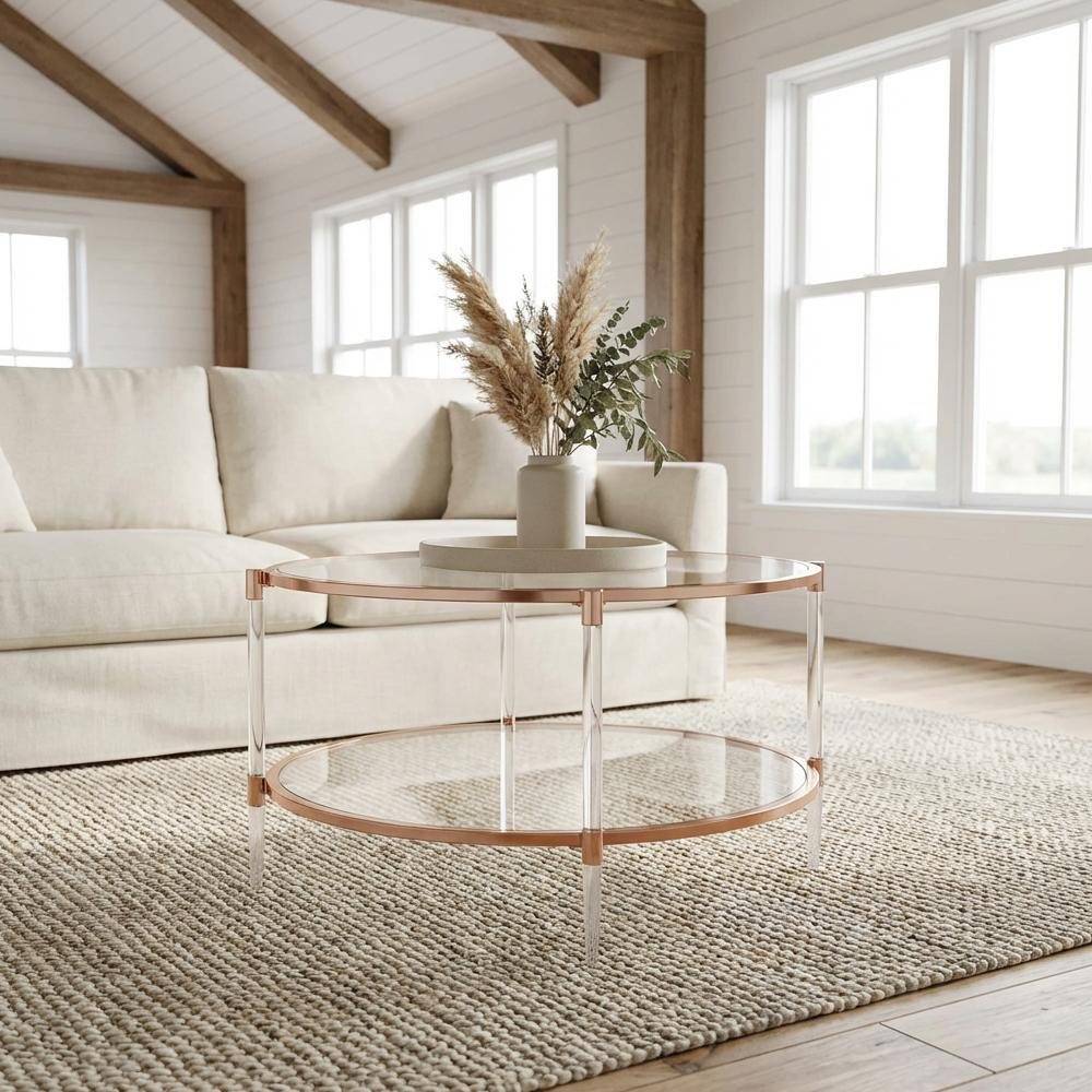 Rose Gold Acrylic Coffee Table with Clear Tempered Glass and Two Tiers