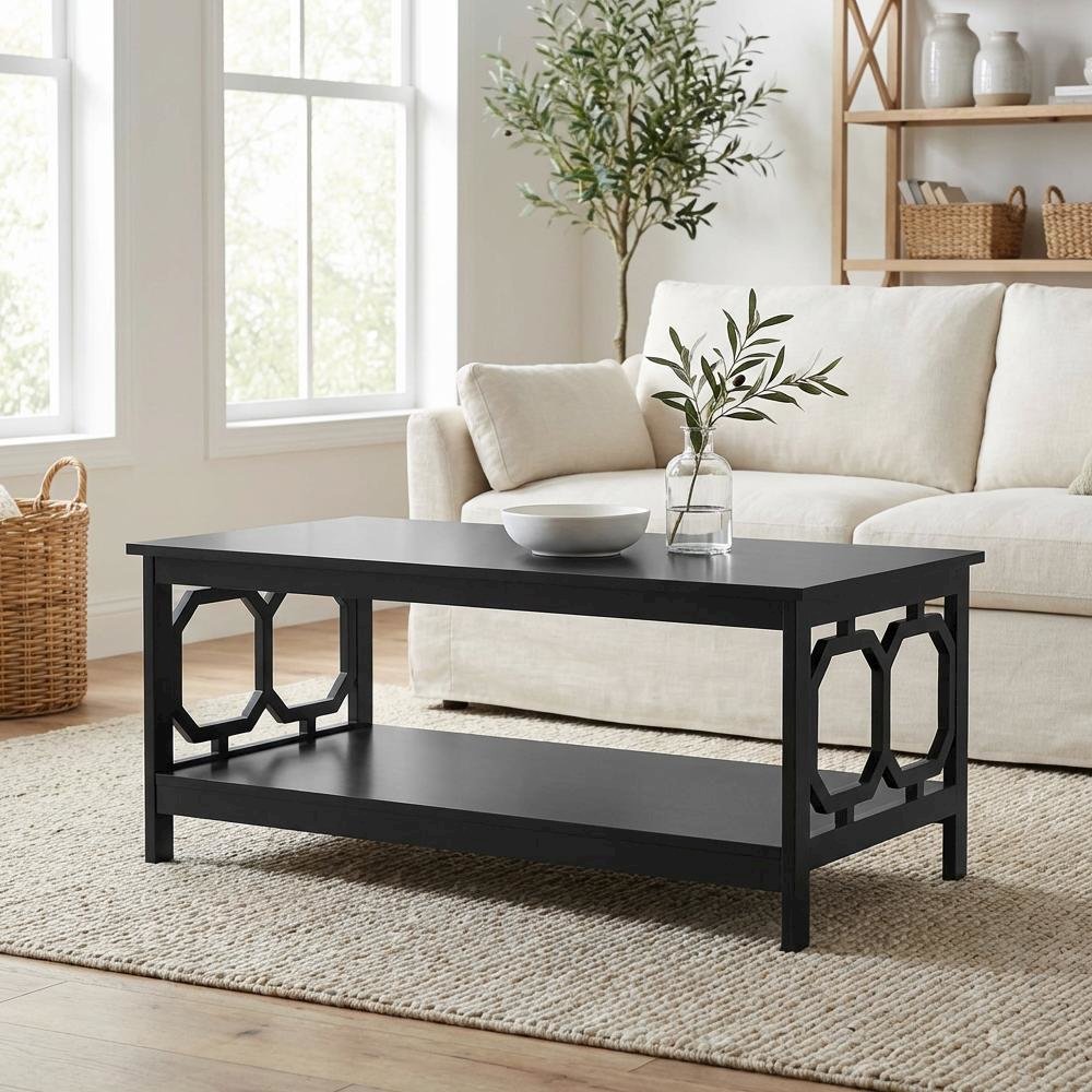 Black MDF Coffee Table with Shelf Contemporary Design Sturdy Storage