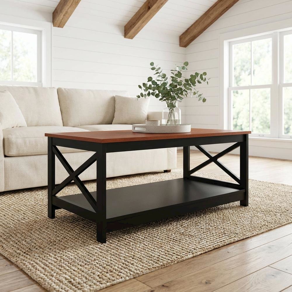 Cherry and Black Coffee Table with MDF Top and Sturdy Frame Compact Design