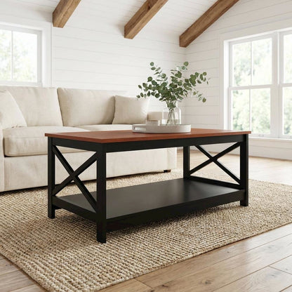 Cherry and Black Coffee Table with MDF Top and Sturdy Frame Compact Design