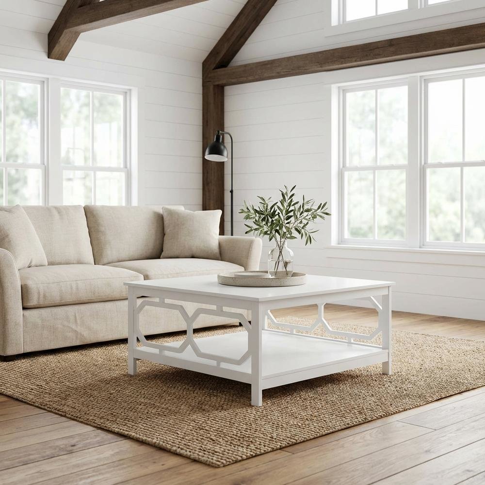 White MDF Coffee Table with Square Top and Sturdy Construction for Living Room