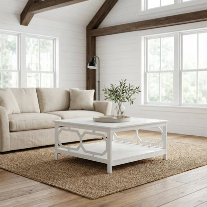 White MDF Coffee Table with Square Top and Sturdy Construction for Living Room