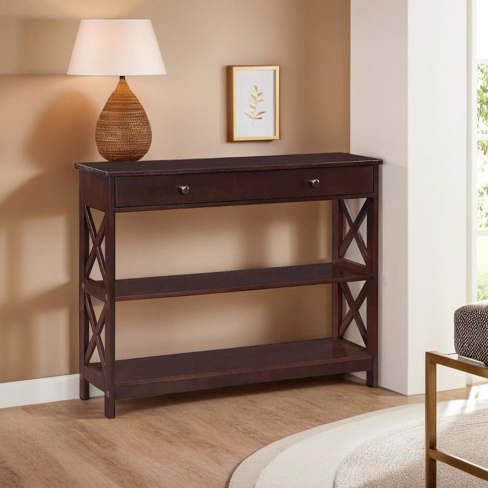 Brown Console Table with 1 Drawer and Shelves, MDF Construction for Storage