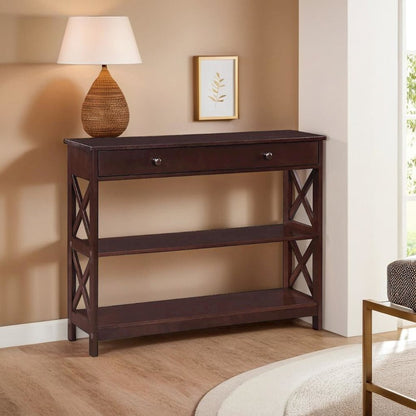 Brown Console Table with 1 Drawer and Shelves, MDF Construction for Storage