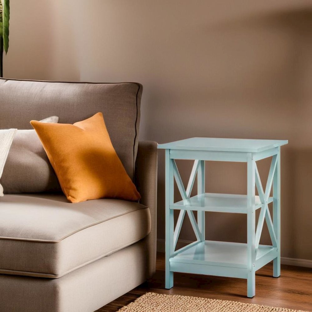 Sea Foam Blue End Table with Shelves for Storage and Stylish Decor