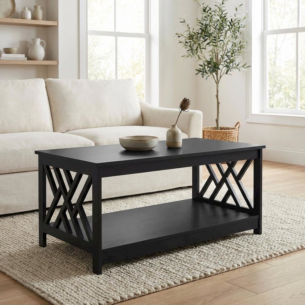 Black Coffee Table with Shelf MDF Construction Sturdy Modern Design