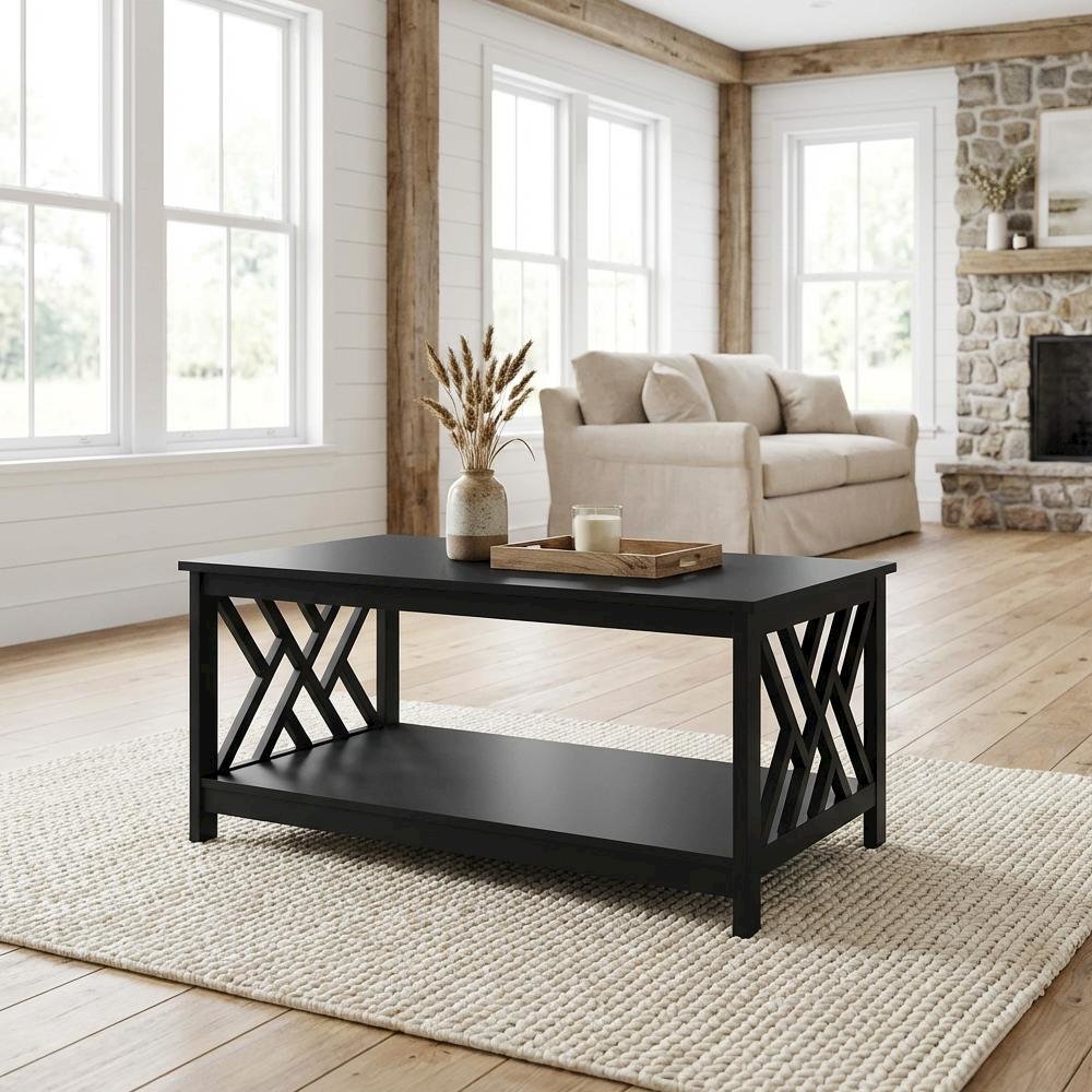 Black Coffee Table with Shelf MDF Construction Sturdy Modern Design