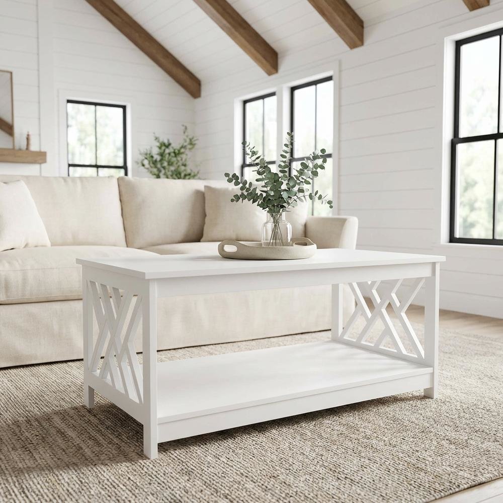 White MDF Coffee Table with Shelf and Storage Space Titan