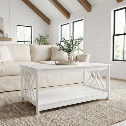 White MDF Coffee Table with Shelf and Storage Space Titan