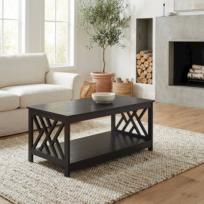 Espresso Coffee Table with Shelf MDF Construction Sturdy Storage Design