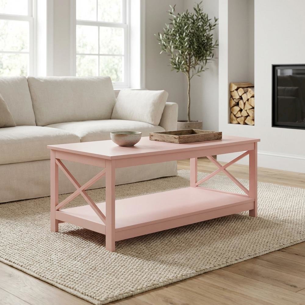 Blush Pink Coffee Table MDF with Shelf Coastal Transitional Design