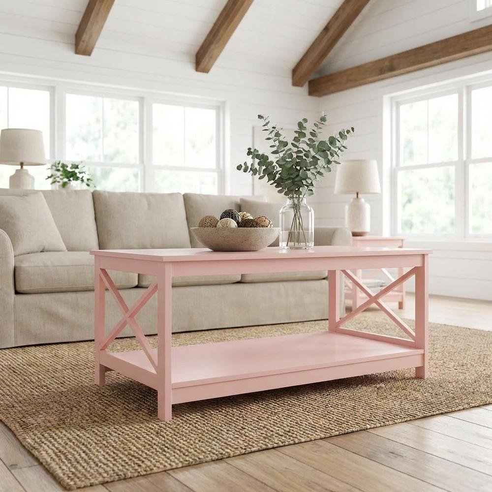 Blush Pink Coffee Table MDF with Shelf Coastal Transitional Design