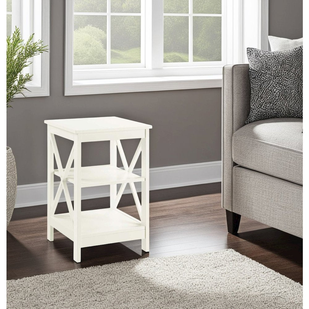 Elegant White End Table with Shelves for Storage and Organization in MDF