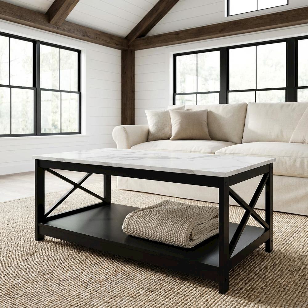 White Faux Marble Coffee Table with Black MDF Shelf and Sturdy Frame