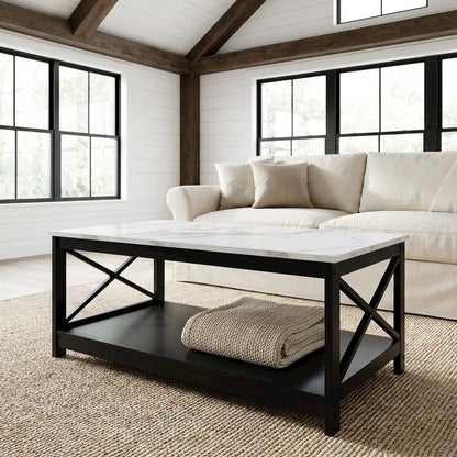 White Faux Marble Coffee Table with Black MDF Shelf and Sturdy Frame