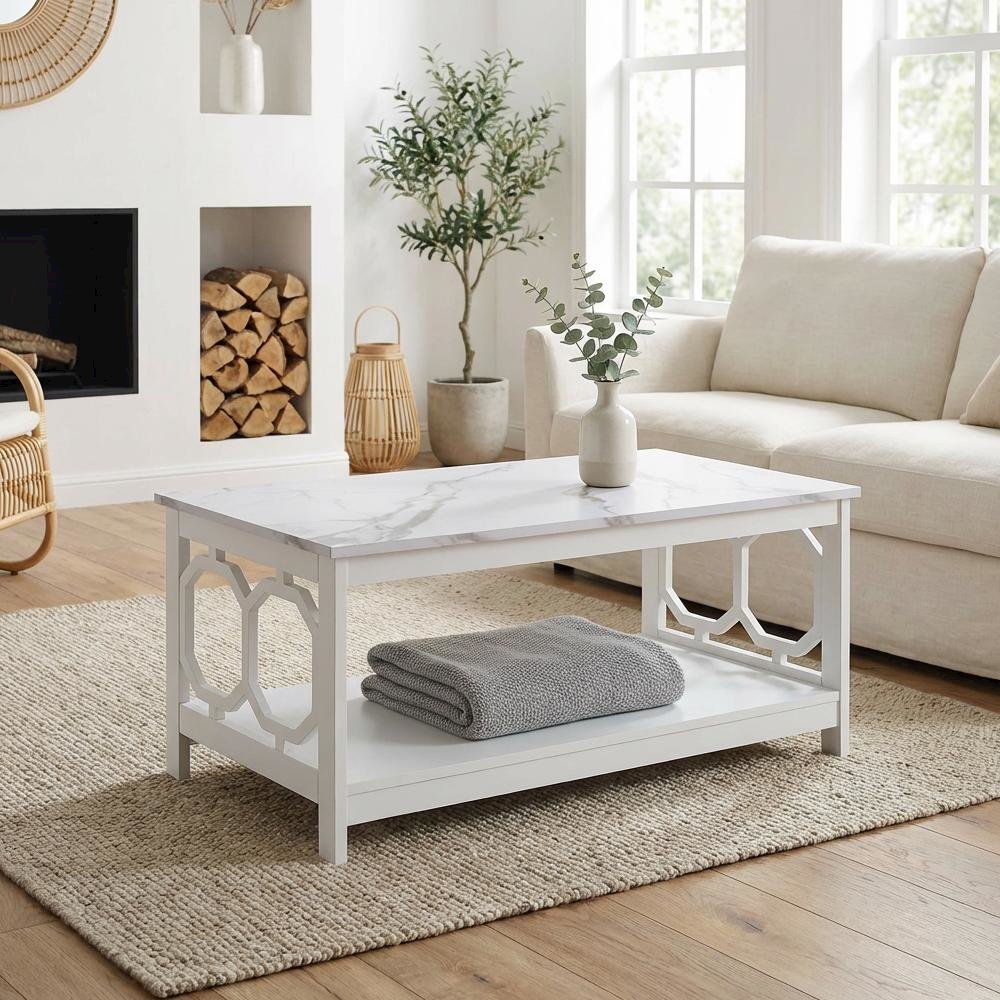 White Faux Marble Coffee Table with Shelf MDF Surface and Sturdy Design