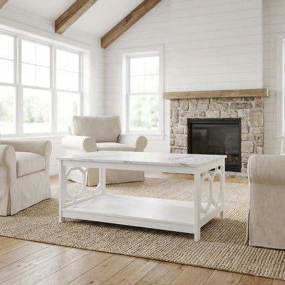 White Faux Marble Coffee Table with Shelf MDF Surface and Sturdy Design