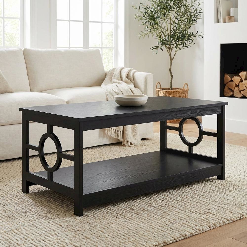 Black Coffee Table with Ring Design, Particle Board and MDF Construction