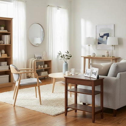 Chairside End Table with 3 Shelving Tiers, Red Wood, Drawer for Concealed Items
