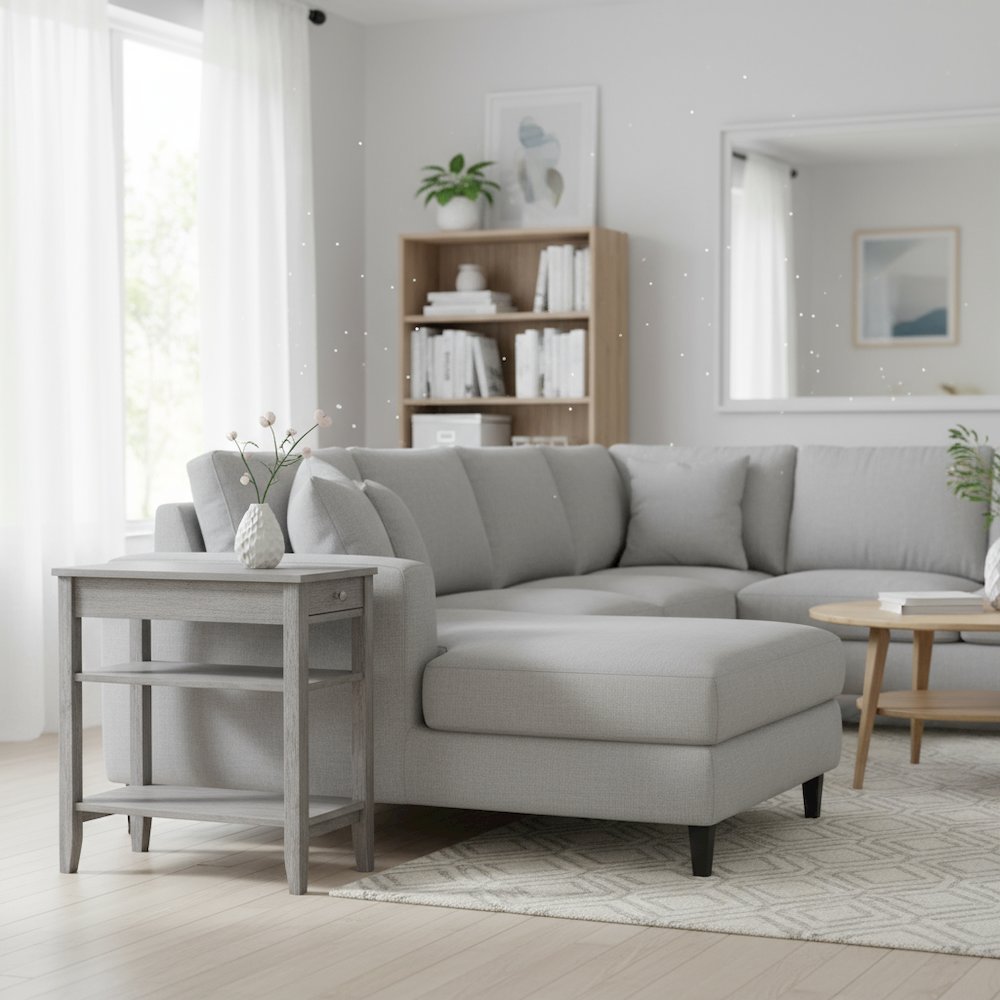 Chairside End Table with Drawer, 3 Shelves, Gray Wood Finish, Concealed Storage