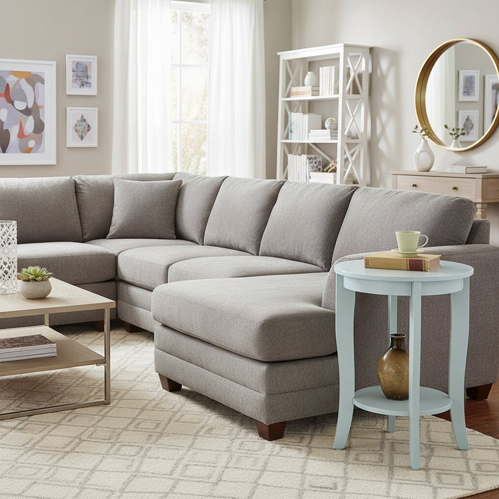 Circular End Table Modern Style, Bottom Shelf, Light Blue Finish, 17.75"