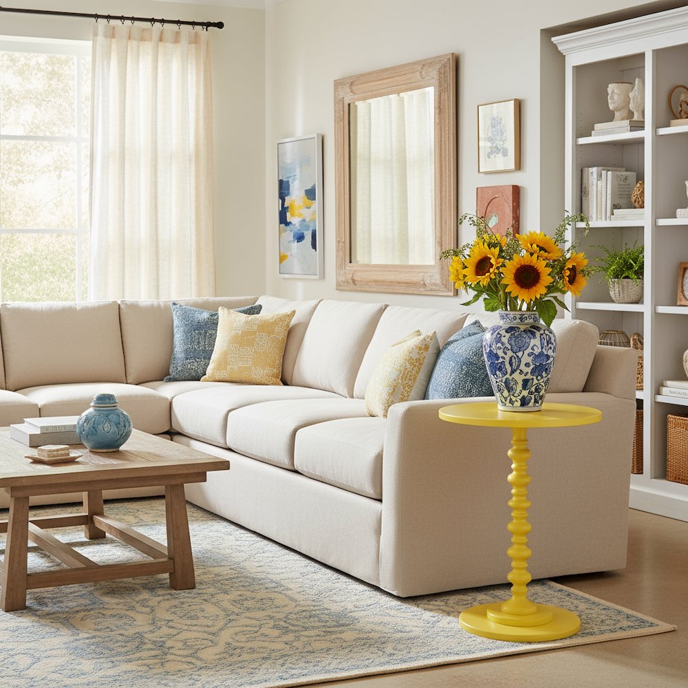 Spindle Base Round Coffee Table in Yellow Color, Sculpted Design